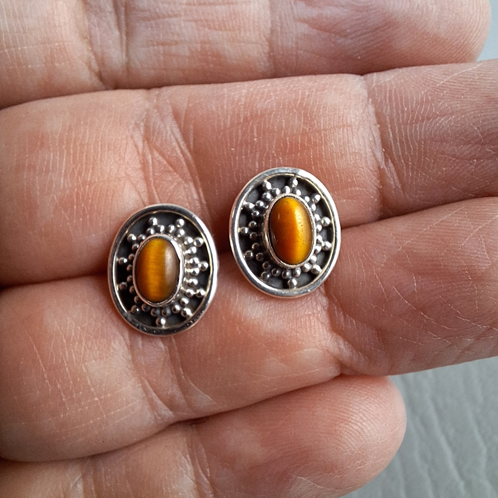 Tiger Eye 925 Sterling Silver Earrings Post Stud